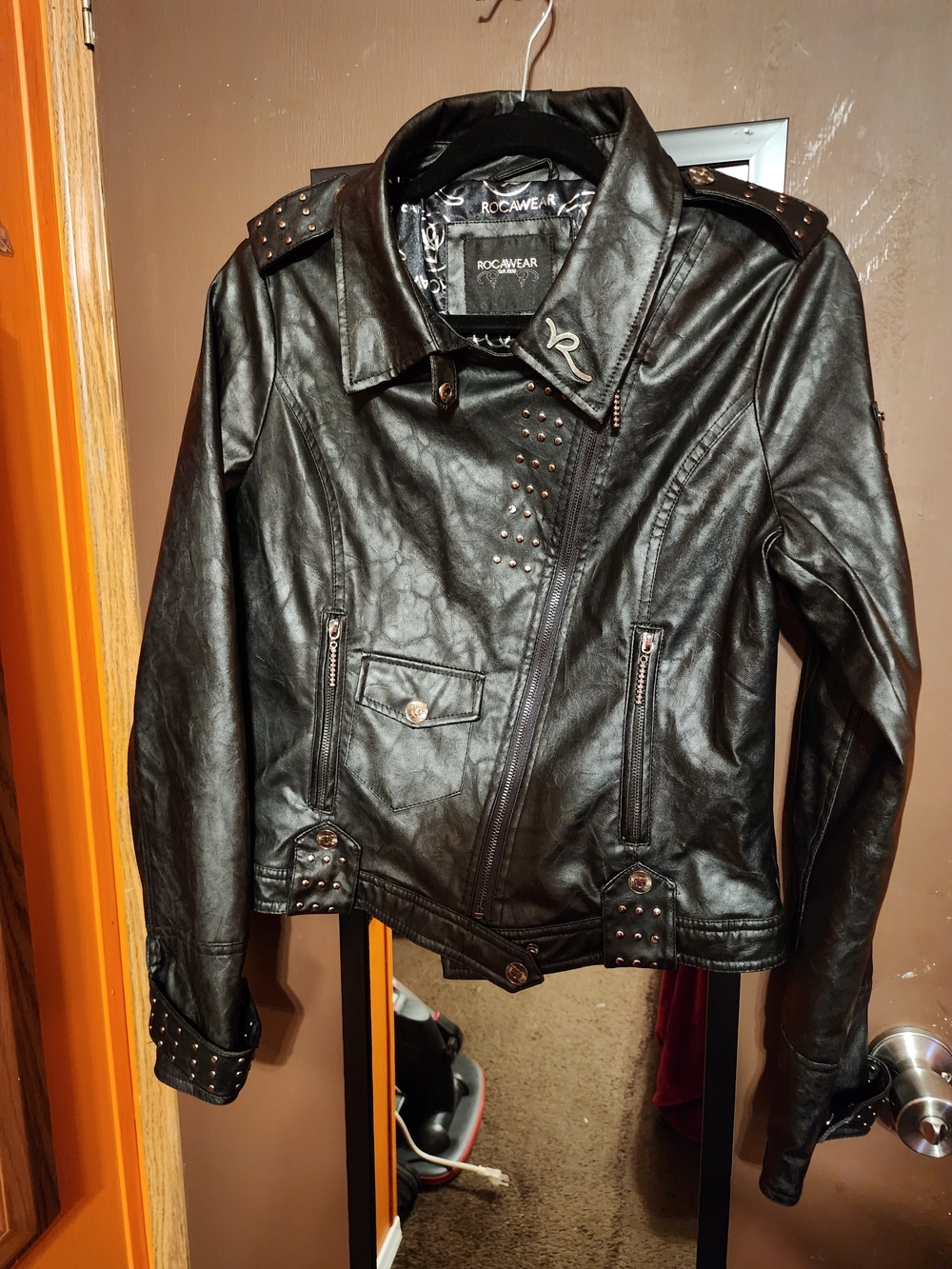 Rocawear Women's Black Faux Leather Studded Moto Jacket